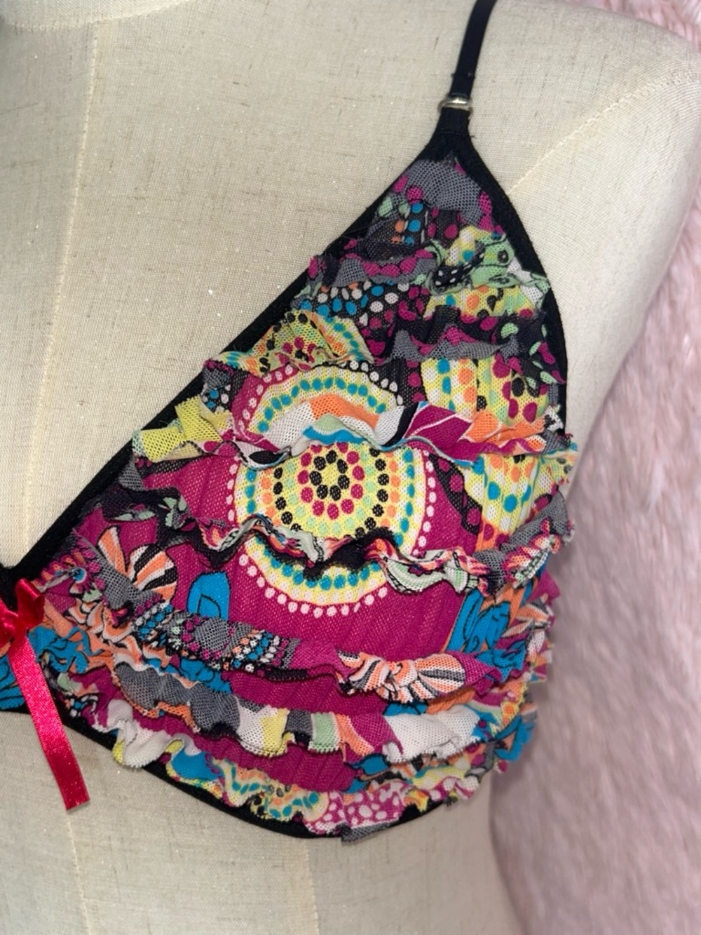 Multicolor Ruffle Bralette with Pink Bow - Picture 4 of 6